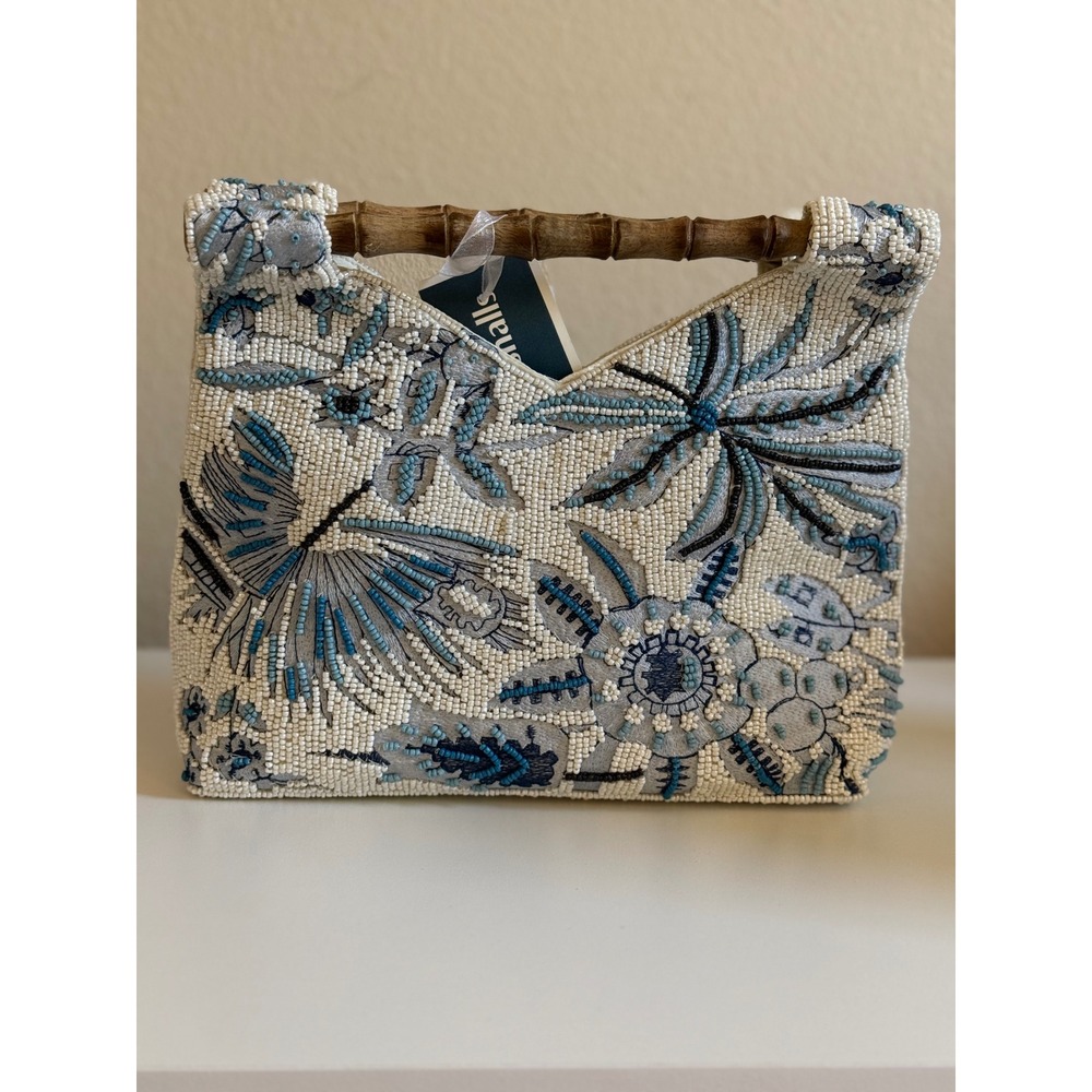 From India To You Beaded Floral Bamboo Handle Handbag Blue Ivory Tropical Bag